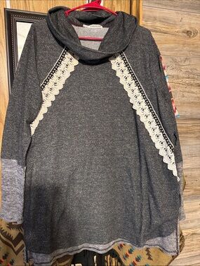 Maurices Charcoal Cowl Neck Sweater with Cream Lace Trim